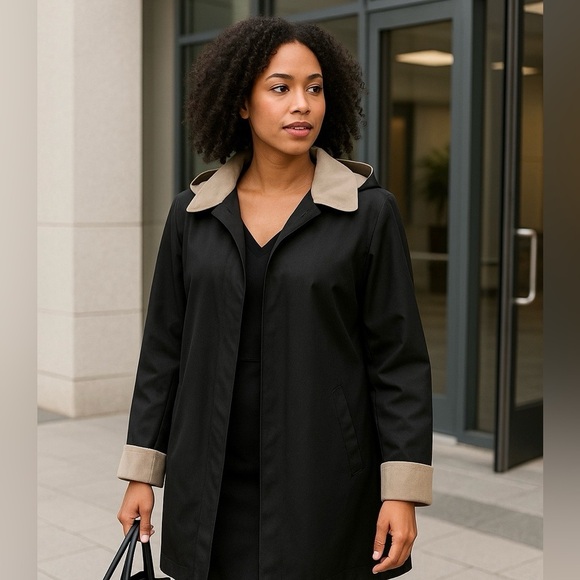 London Fog Black Hooded Trench Coat Floral Lining Women’s XL Rain Jacket - Picture 1 of 13